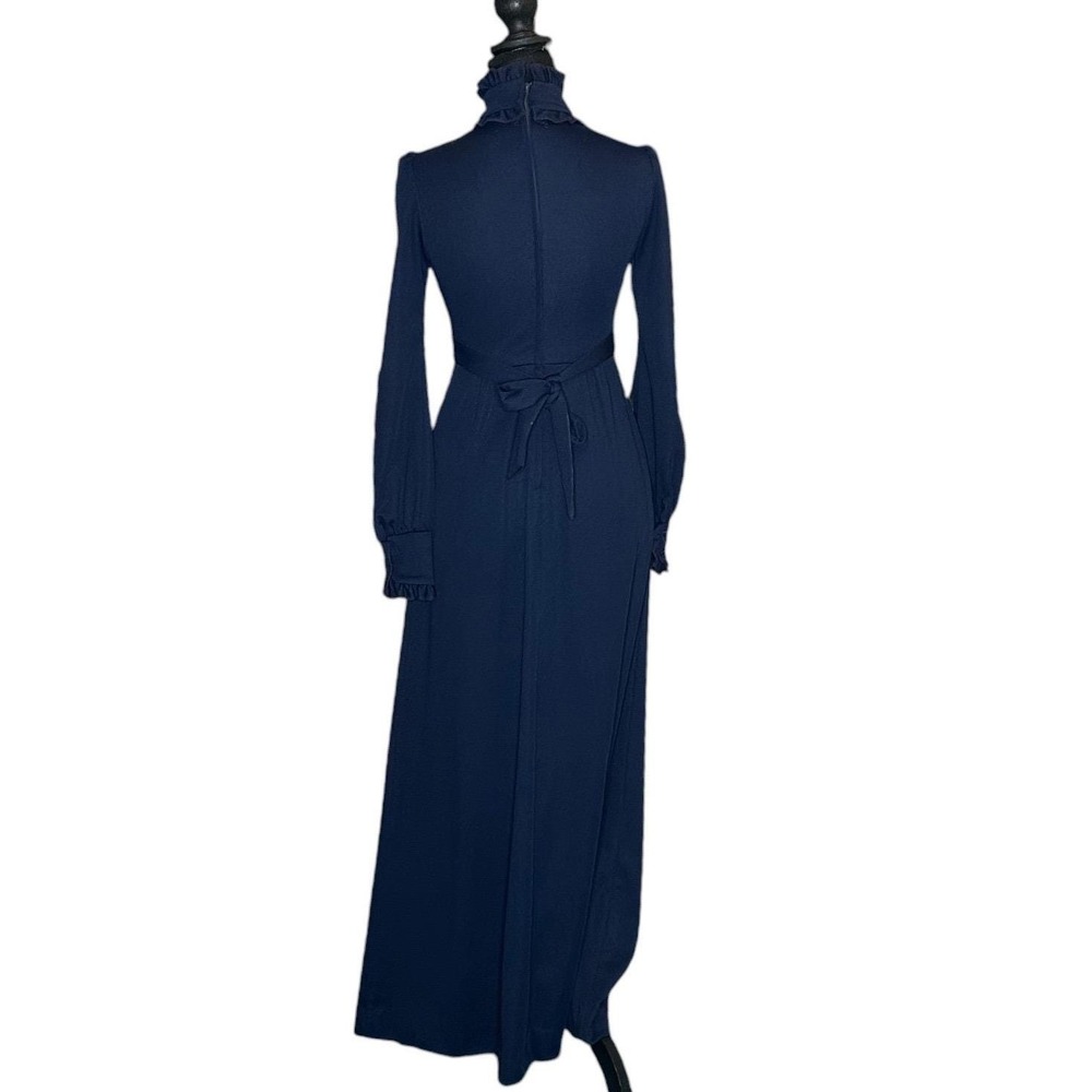 Vintage 70s Navy Blue Ruffle High Neck Maxi Dress Prairie Victorian Size XS - Picture 3 of 8